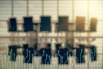 Aufkleber - Abstract virtual micro circuit sketch on a modern boardroom background, future technology and AI concept. Double exposure