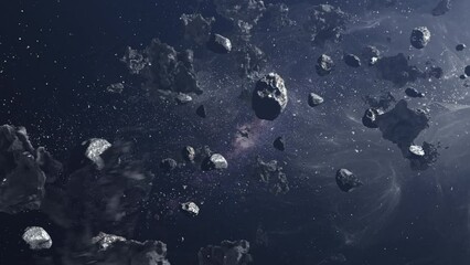 Wall Mural - large asteroid rocks flying in space, milky way meteors rotating in deep space 3d rendering of deep 