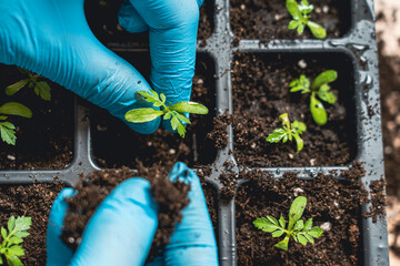 preparation of plants for planting, seedlings in square black boxes with cells, Planting flowers in a window box. A woman puts her soul in a flower pot. Gardening in spring, selective focusing tinting