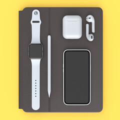 Poster - Computer tablet with stylus, smartwatch phone and headphone on yellow background