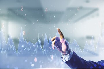 Poster - Multi exposure of male hand working with stats data illustration on blurred office background, computing and analytics concept