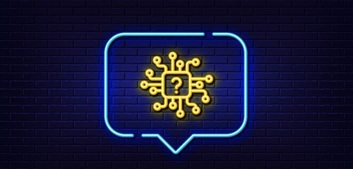 Wall Mural - Neon light speech bubble. Artificial intelligence line icon. Support network sign. Question mark symbol. Neon light background. Artificial intelligence glow line. Brick wall banner. Vector