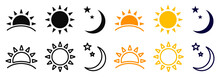 Set Of Time Of The Day Icons. Rising And Setting Sun, Crescent Moon And Stars, Day And Night Time Symbols.