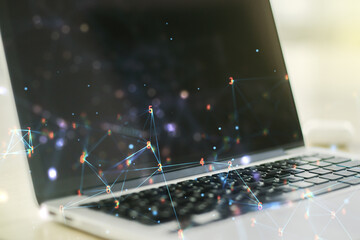 Poster - Double exposure of technology hologram on laptop background. Research and development software concept