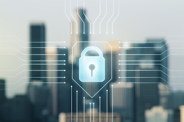 Aufkleber - Double exposure of virtual creative lock hologram with chip on blurry cityscape background. Information security concept