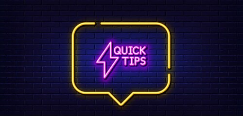 Poster - neon light speech bubble. quick tips line icon. helpful tricks sign. tutorials with lightning or ene
