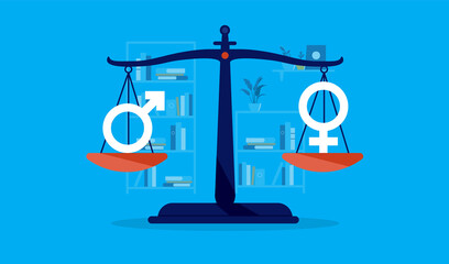 Wall Mural - gender equality at work - weight scale with gender signs showing equal weight with office background