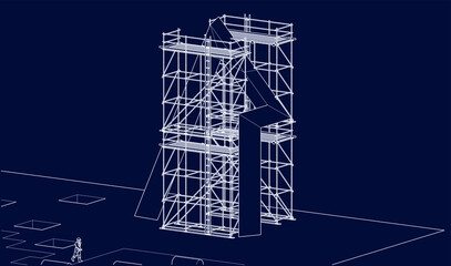 Wall Mural - under construction with scaffolding architecture 3D illustration line sketch blueprint