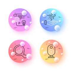 Poster - Wind energy, Speaker and Seo analysis minimal line icons. 3d spheres or balls buttons. Cogwheel icons. For web, application, printing. Breeze power, Music sound, Targeting chart. Idea bulb. Vector