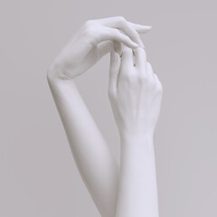 Wall Mural - Abstract beautiful woman's hand sculpture. White paint elegant female hands gesture art creative concept banner, mannequin arm 3d rendering