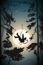 Falling Astronaut. Flying Cosmonaut Silhouette. Lonely Man In Forest
