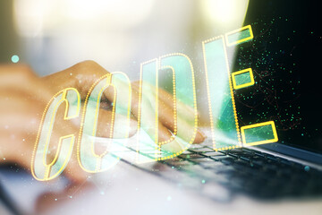 Poster - Creative Code word hologram and hands typing on computer keyboard on background, artificial intelligence and neural networks concept. Multiexposure