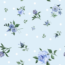 Seamless Pattern With Blue Vintage Flowers And Dots