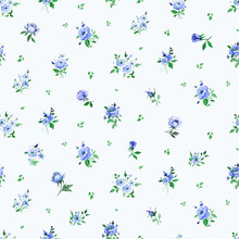Seamless Pattern Blue Vintage Flowers