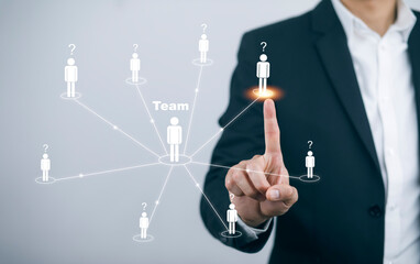 Poster - Businessman press human social button modern on virtual background global network of infrastructure and customer connection information exchange on white background, technology social network button