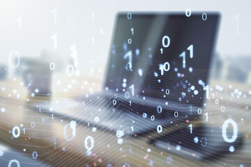 Poster - Creative concept of binary code illustration and modern desktop with computer on background. Big data and coding concept. Multiexposure