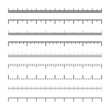 Various measurement scales with divisions. Realistic scale for measuring length or height in centimeters, millimeters or inches. Ruler, tape measure marks, size indicators. Vector illustration