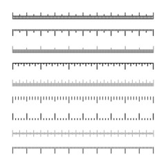 Wall Mural - Various measurement scales with divisions. Realistic scale for measuring length or height in centimeters, millimeters or inches. Ruler, tape measure marks, size indicators. Vector illustration
