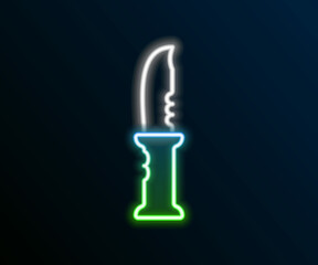 Sticker - Glowing neon line Military knife icon isolated on black background. Colorful outline concept. Vector