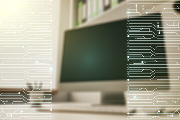 Aufkleber - Creative abstract micro circuit sketch and modern desk with computer on background, future technology and AI concept. Double exposure