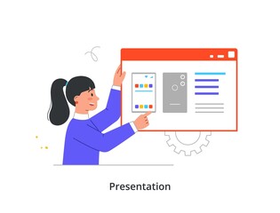 Poster - Person presenting information. Smiling female developer shows new user interface design for app on smartphone. Presentation of creative project. Cartoon flat vector illustration in doodle style