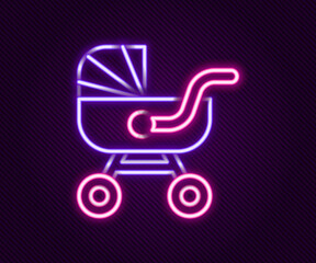 Canvas Print - Glowing neon line Baby stroller icon isolated on black background. Baby carriage, buggy, pram, stroller, wheel. Colorful outline concept. Vector