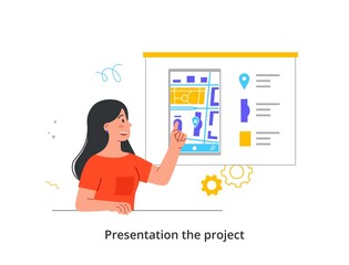 Poster - Person presenting information. Young smiling woman shows new user interface design for mobile application on smartphone. Digital product presentation. Cartoon flat vector illustration in doodle style