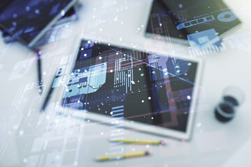 Aufkleber - Multi exposure of abstract creative coding sketch and modern digital tablet on background, top view, artificial intelligence and neural networks concept
