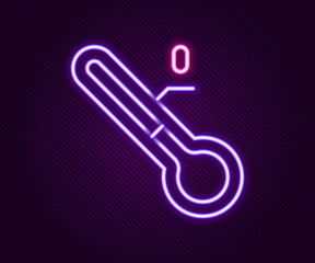 Sticker - Glowing neon line Meteorology thermometer measuring icon isolated on black background. Thermometer equipment showing hot or cold weather. Colorful outline concept. Vector