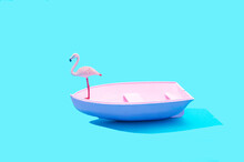 A Pink Flamingo Standing On A Pink Boat Against Pastel Blue Background. Minimal Surreal Concept For Summer Holidays Travel Advertisement. Design For Travel Agency Web Banner Or Print