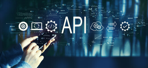API - application programming interface concept with person using a smartphone