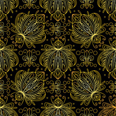  Seamless pattern of golden bugs and Florentine lilies. Bohemian pattern with beetles. Vector illustration
