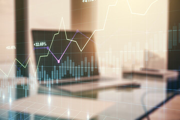 Poster - double exposure of abstract creative financial chart on modern laptop background, research and strat