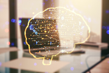 Aufkleber - Creative artificial Intelligence concept with human brain sketch on modern computer background. Double exposure