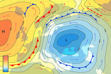 Wall Mural - weather forecast map of europe. template of climate generic system map for synoptic prediction with 