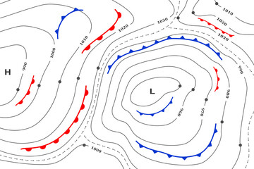 Forecast weather map. Meteorological weather map. Infographic template of climate generic system map for synoptic prediction with pressure, direction wind fronts, cyclone diagram, meteorology isobars.
