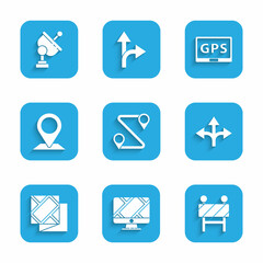 Poster - Set Route location, Monitor with marker, Road barrier, traffic sign, Folded map, Location, Gps device and Radar icon. Vector