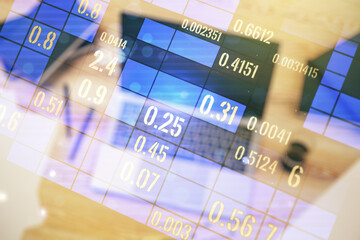 Poster - Multi exposure of abstract statistics data hologram interface on computer background, computing and analytics concept
