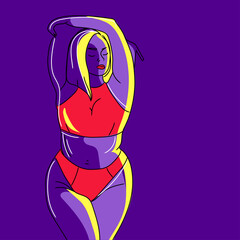 Curvy woman in line art style on purple background vector illustration. Attractive beautiful girl in a swimsuit or underwear drawing in a modern style in contrasting colors.Body positive concept.