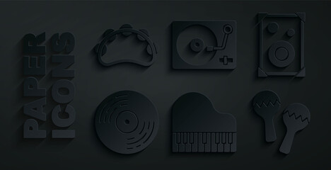 Sticker - Set Grand piano, Stereo speaker, Vinyl disk, Maracas, player with vinyl and Tambourine icon. Vector