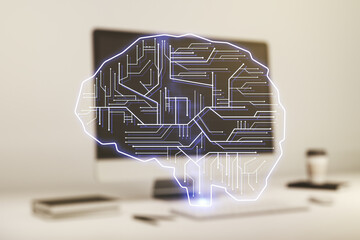Poster - Double exposure of creative artificial Intelligence symbol with modern laptop on background. Neural networks and machine learning concept