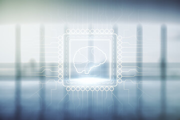 Poster - Virtual creative artificial Intelligence hologram with human brain sketch on empty corporate office background. Multiexposure