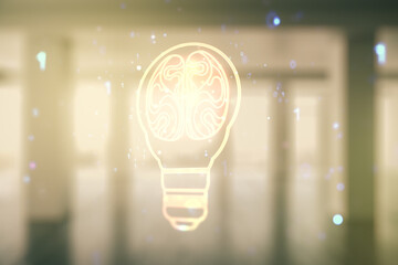 Aufkleber - Abstract virtual light bulb illustration with human brain on modern interior background, future technology concept. Multiexposure
