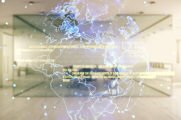 Poster - Multi exposure of abstract software development hologram and world map on modern corporate office background, global research and analytics concept