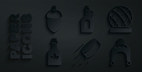 Wall Mural - Set Hockey puck, Montreal Biosphere, Bottle of maple syrup, Winter hat, and Acorn icon. Vector