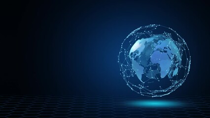 Wall Mural - Tech earth globalization in 3d animation. Global Business dots on rotating planet.