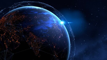 Wall Mural - Tech earth globalization in 3d animation. Global Business dots on rotating planet.