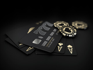 Poster - 3d Rendering of casino gold chips and black play cards with bank card