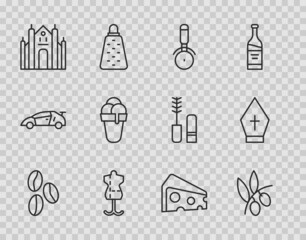 Sticker - Set line Coffee beans, Olives branch, Pizza knife, Mannequin, Milan Cathedral, Ice cream, Cheese and Pope hat icon. Vector