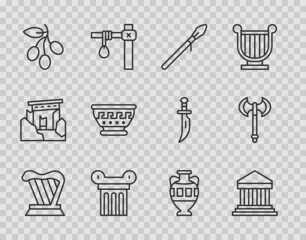 Poster - Set line Harp, Parthenon, Medieval spear, Ancient column, Olives branch, Greek ancient bowl, amphorae and axe icon. Vector